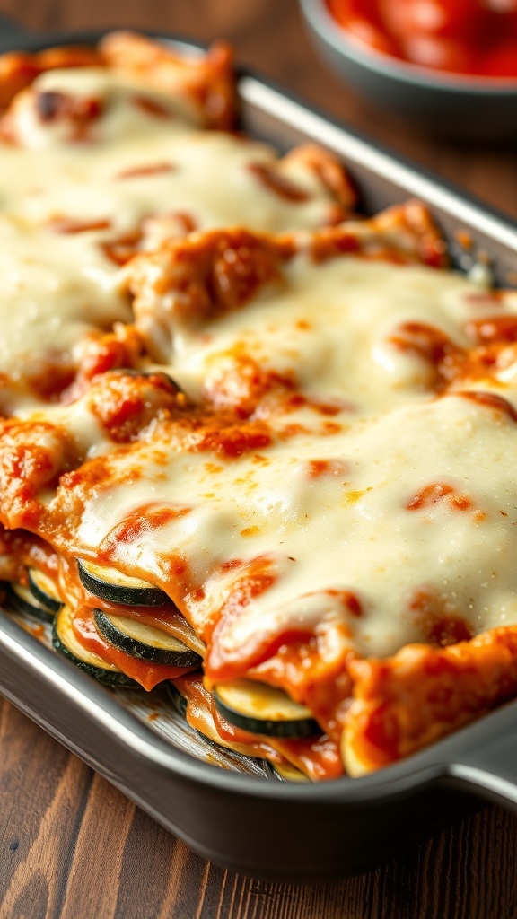 A delicious zucchini lasagna topped with melted cheese and marinara sauce