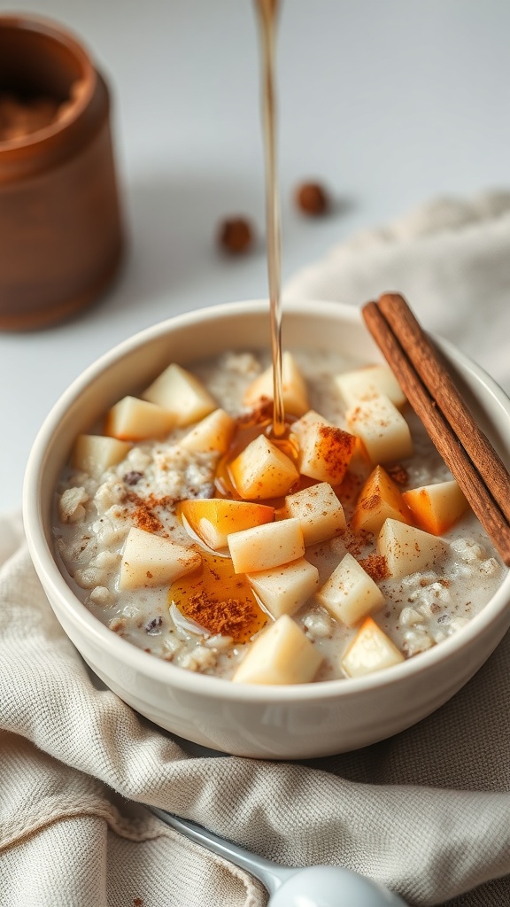 A bowl of oatmeal topped with diced apples, cinnamon, and a drizzle of syrup, with a cinnamon stick beside it.