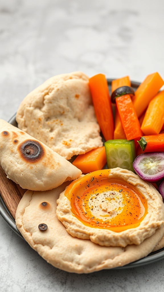 A plate of pita bread with hummus and assorted fresh vegetables.