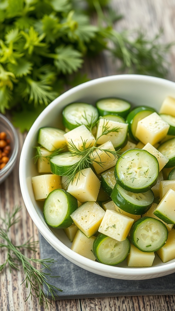 A bowl of cucumber salad with dill, featuring sliced cucumbers and fresh herbs.