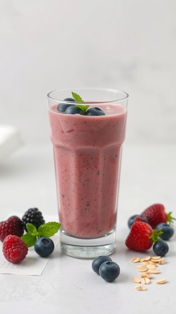 A glass of berry and oat smoothie topped with blueberries and mint, surrounded by fresh berries and oats.