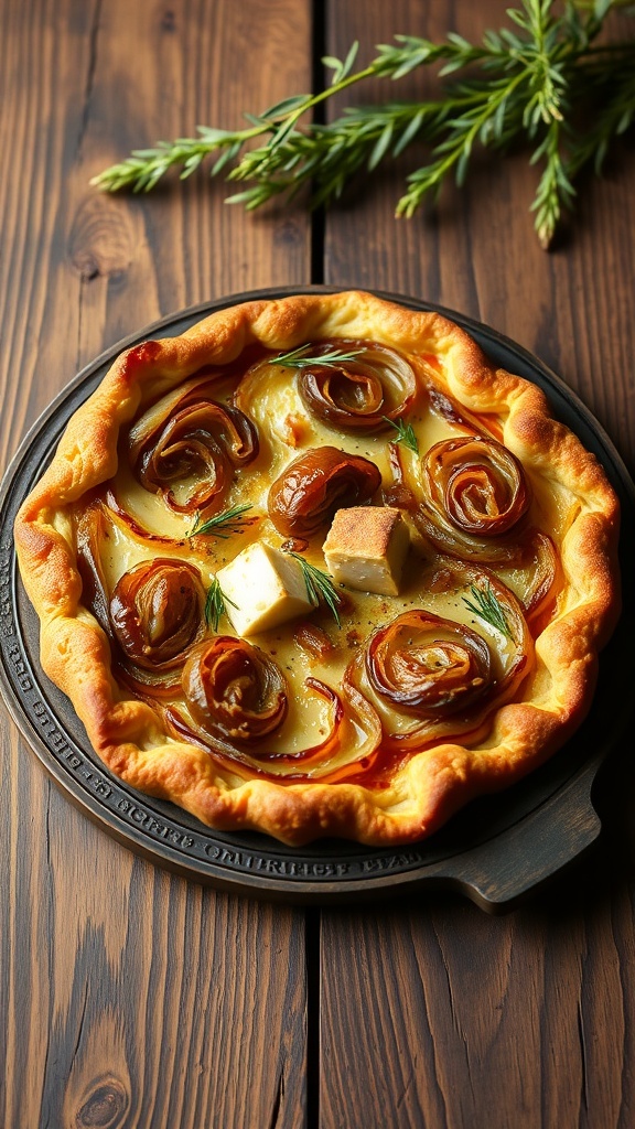 A caramelized onion and Gruyere tart on a wooden table, garnished with herbs.
