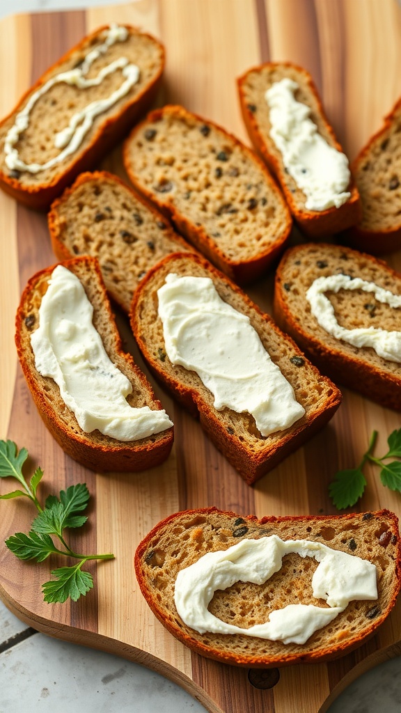 Slices of zucchini bread topped with cream cheese on a wooden cutting board