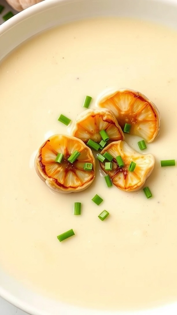 A bowl of creamy cauliflower and garlic soup topped with roasted garlic and chives, surrounded by decorative pumpkins.