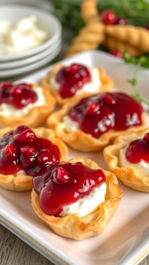 Cranberry Brie Bites topped with cranberry sauce on a white plate