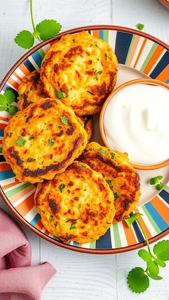 A plate of golden zucchini fritters served with a creamy yogurt dip.