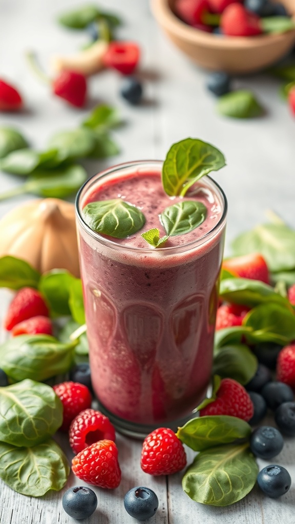 A berry and spinach smoothie in a glass, surrounded by fresh berries and spinach leaves.