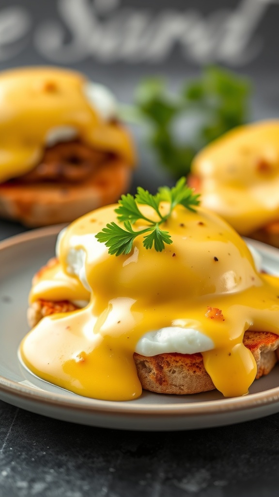 A plate of Eggs Benedict on English muffins topped with hollandaise sauce and garnished with herbs.