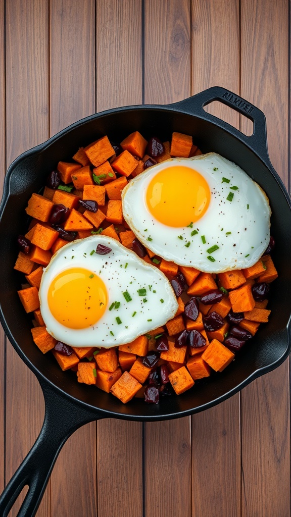 A skillet filled with sweet potato hash topped with two sunny-side-up eggs and chives.