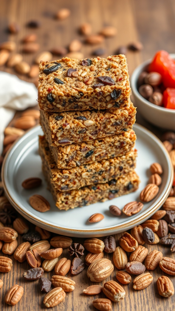 A stack of nutty granola bars on a plate, surrounded by various nuts.
