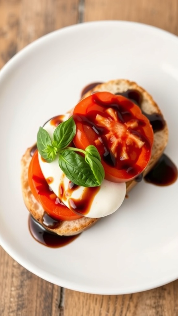 A Caprese breakfast muffin topped with fresh mozzarella, tomatoes, and basil on a white plate.