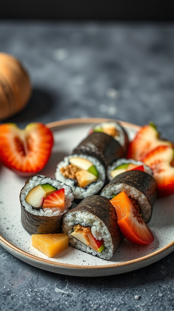 A plate of breakfast sushi rolls with nut butter and fresh fruit.