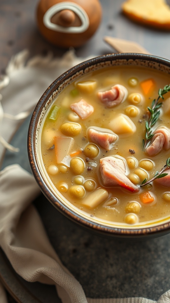 A bowl of split pea soup with ham, featuring green peas, diced ham, and vegetables in a savory broth.