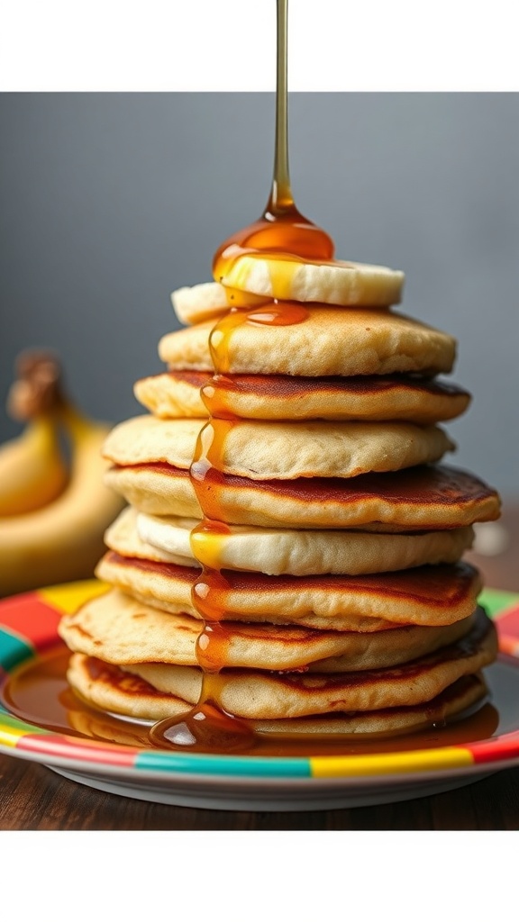 A stack of banana pancakes with maple syrup drizzling down, served on a colorful plate.