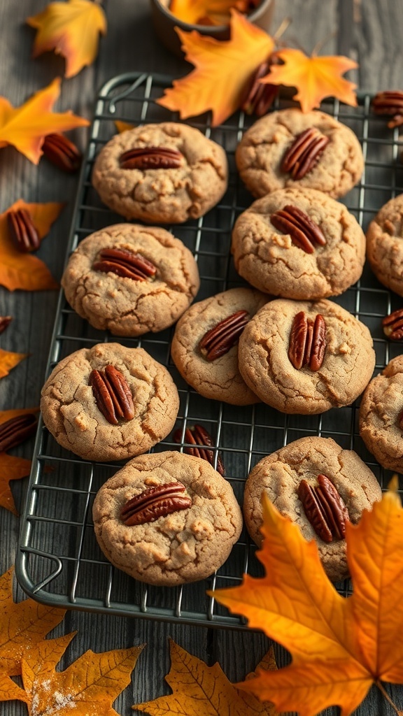 A tray of maple pecan cookies with autumn leaves in the background