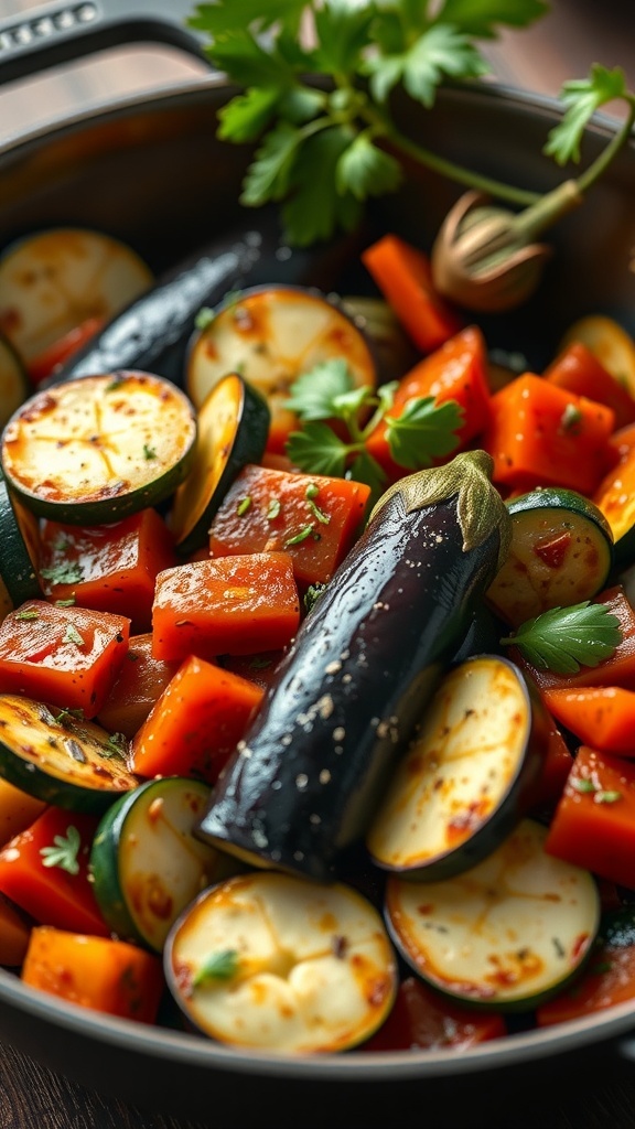 A colorful pot of zucchini and eggplant ratatouille with fresh herbs