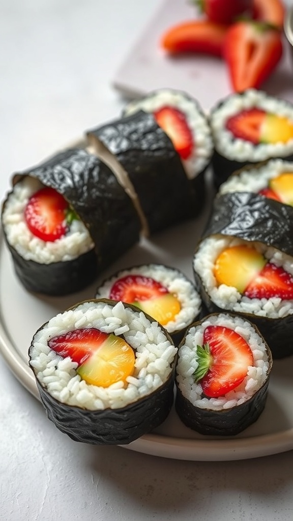 A plate of breakfast sushi rolls made with rice and colorful fruits like strawberries and mangoes.