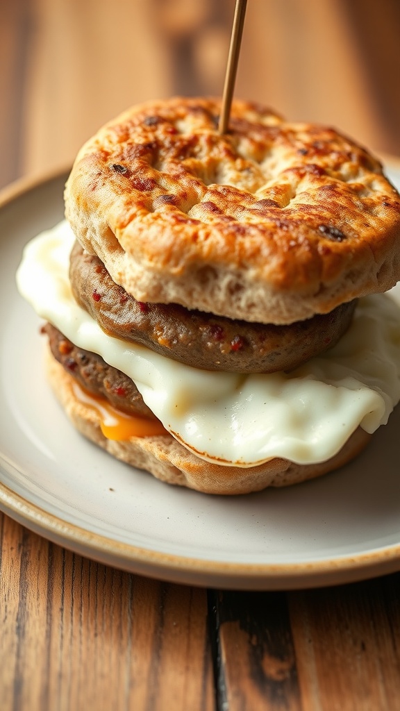 A turkey sausage and egg white muffin stacked on a plate.