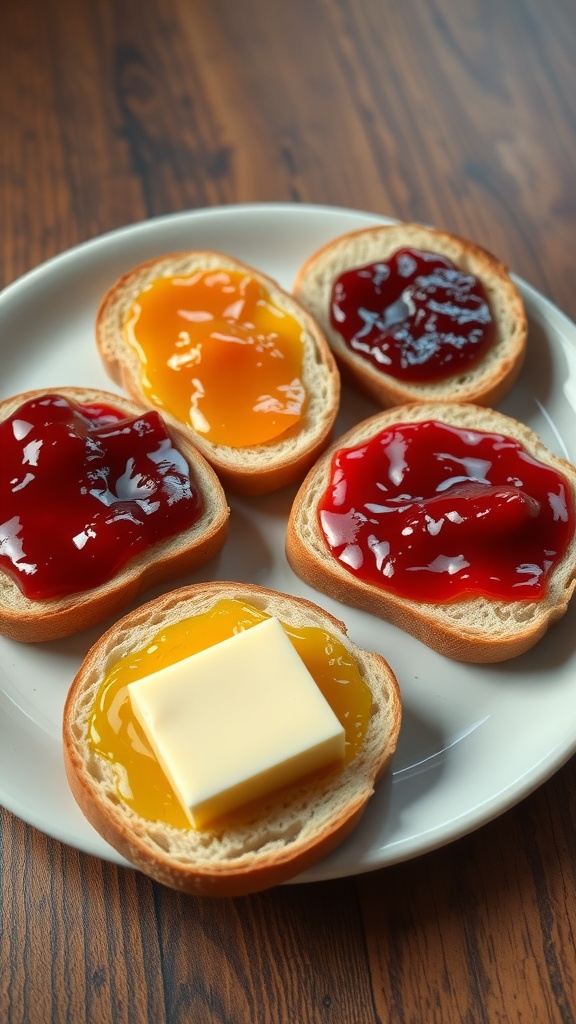 Toasted English muffins with various jams on a plate