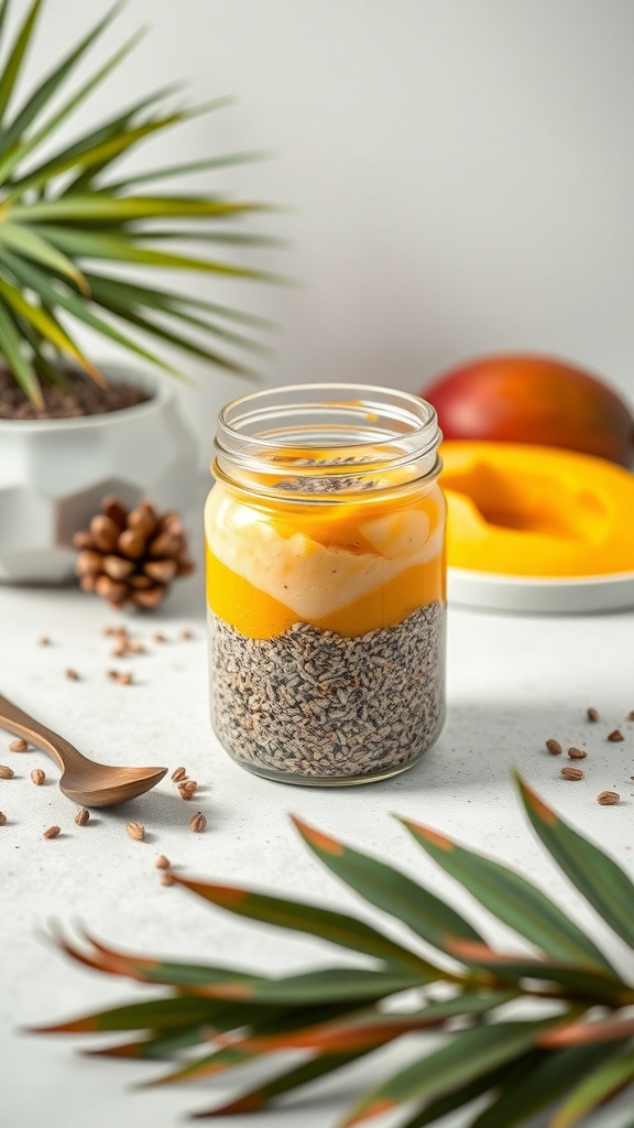 A jar of chia seed pudding layered with mango puree, surrounded by tropical leaves and a wooden spoon.
