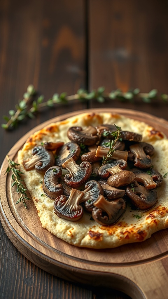 Savory Mushroom and Thyme Flatbread on a wooden board