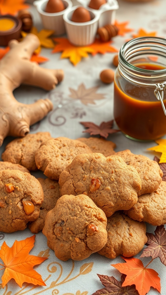 A pile of ginger molasses cookies surrounded by autumn leaves and ginger root.