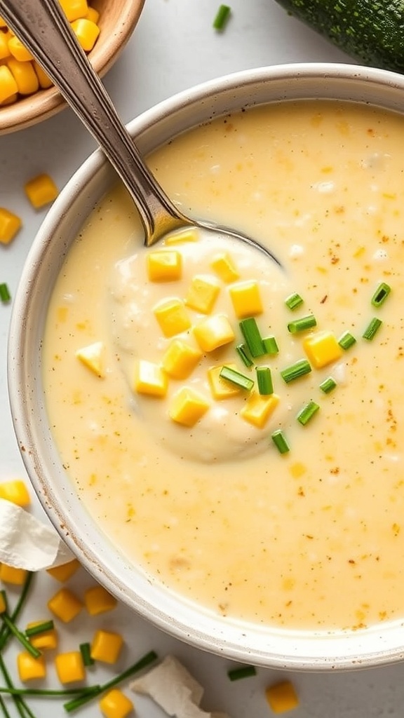 A bowl of creamy zucchini and corn chowder topped with diced yellow cheese and chives, with a zucchini on the side.