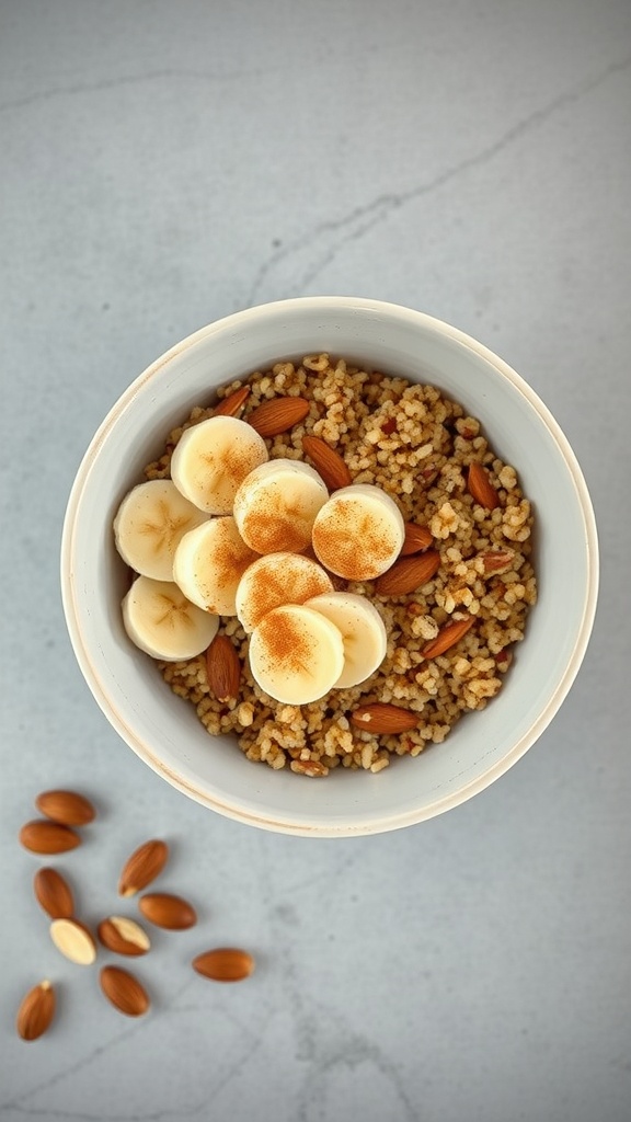 A quinoa breakfast bowl with sliced bananas and almonds, topped with cinnamon.