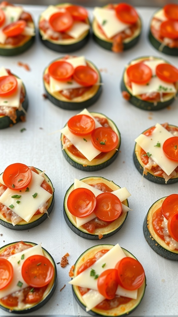 A tray of zucchini pizza bites topped with cheese and cherry tomatoes.
