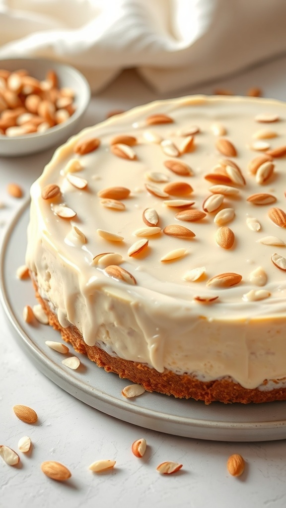 Vanilla Almond No Bake Cheesecake topped with almond slices on a gray plate