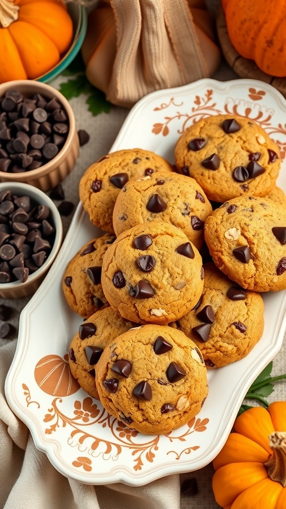 A plate of chocolate chip pumpkin cookies surrounded by mini pumpkins and chocolate chips.