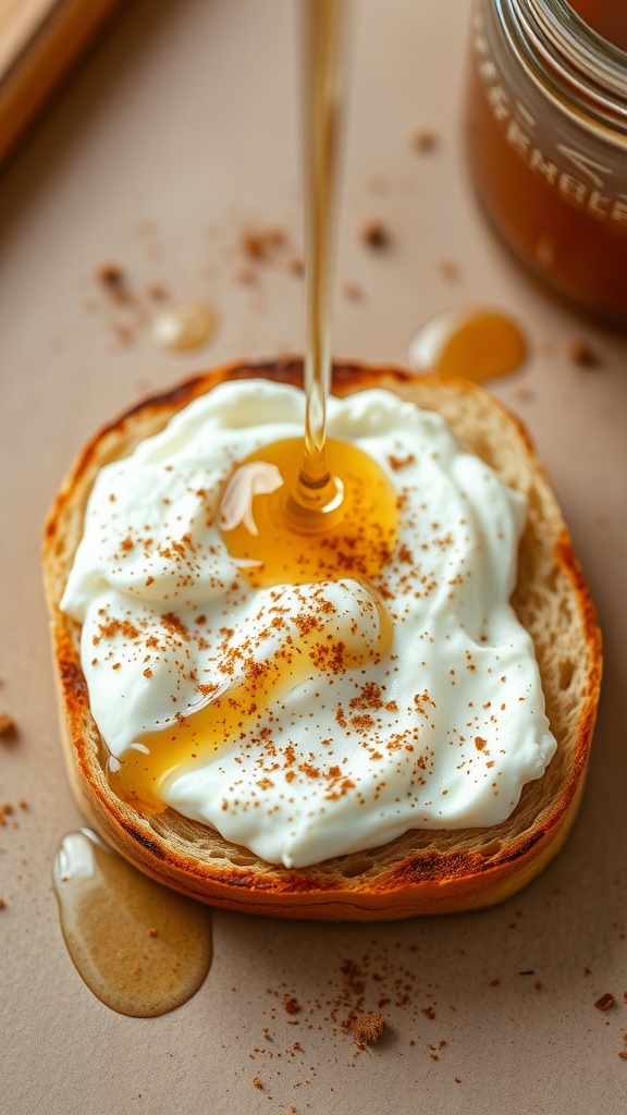 A toasted English muffin topped with ricotta cheese, honey drizzle, and a sprinkle of cinnamon.