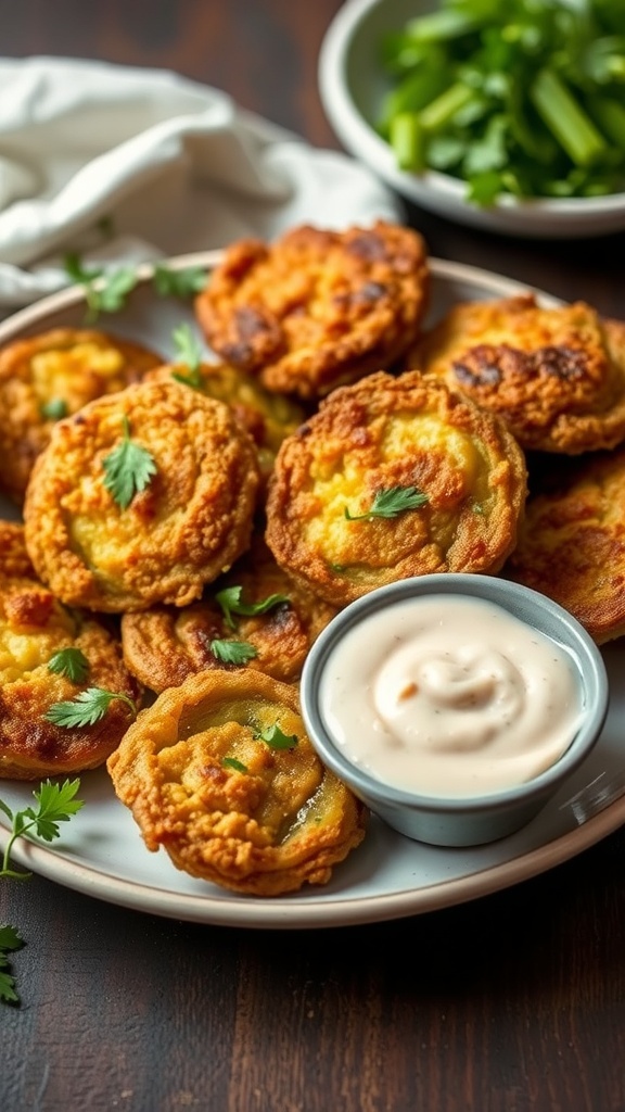A plate of fried green tomatoes with a small bowl of remoulade sauce and fresh herbs.