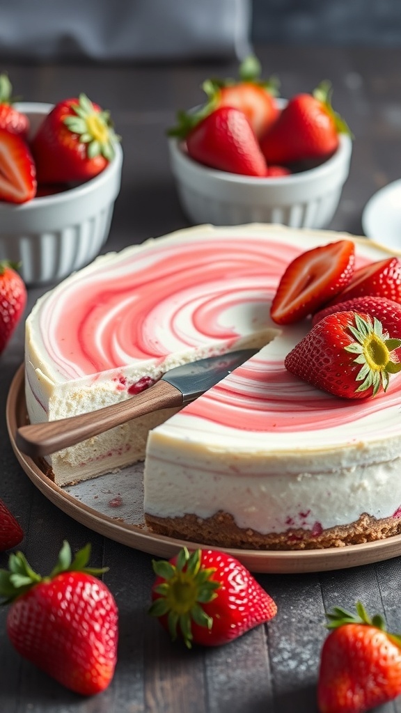 A slice of strawberry swirl no bake cheesecake with fresh strawberries on top, set on a wooden table.