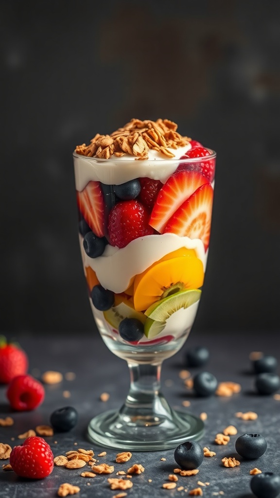 A delicious fruit and yogurt parfait with layers of yogurt, fresh fruits, and granola.
