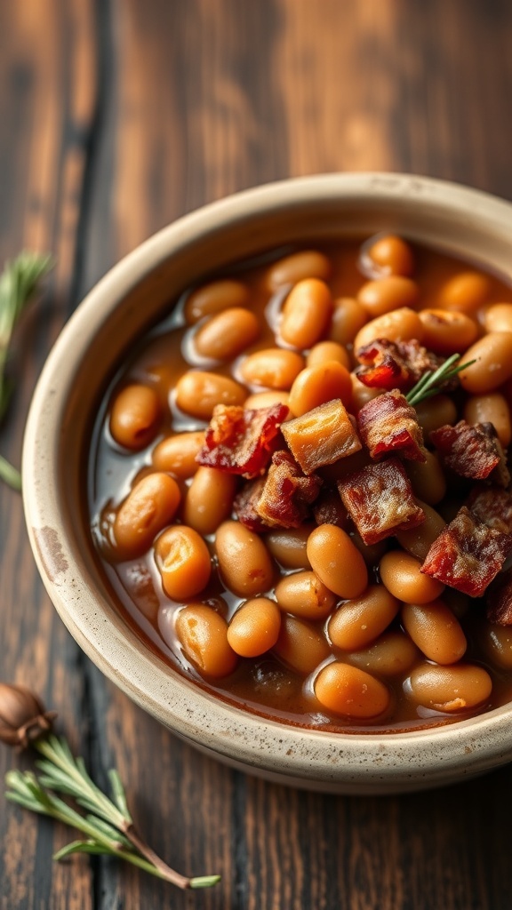 A bowl of baked beans topped with bacon on a wooden table.
