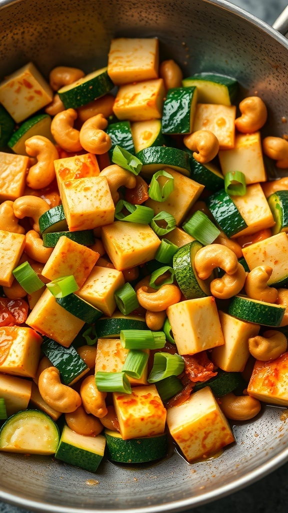 A colorful stir-fry featuring zucchini, tofu cubes, cashews, and green onions in a pan.
