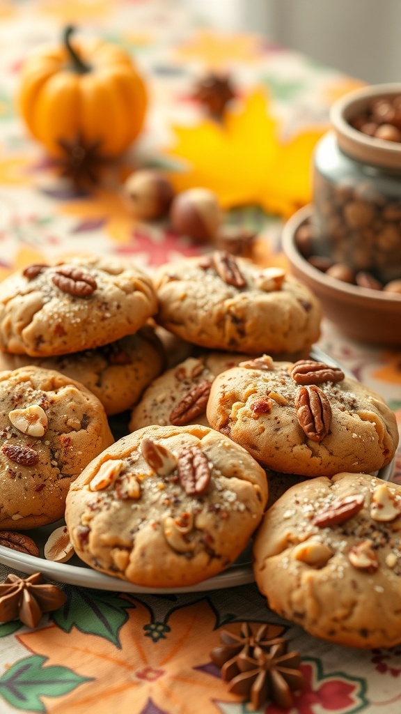 A plate of Harvest Spice Cookies with pecans on top, surrounded by autumn decorations.