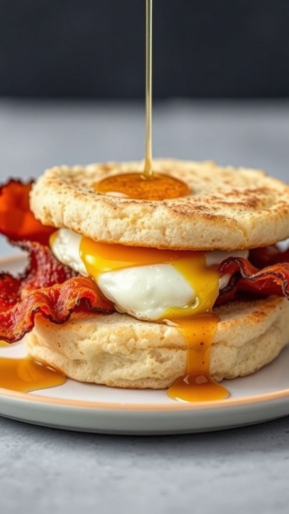 A delicious English muffin sandwich with bacon, a poached egg, and maple syrup drizzling down.