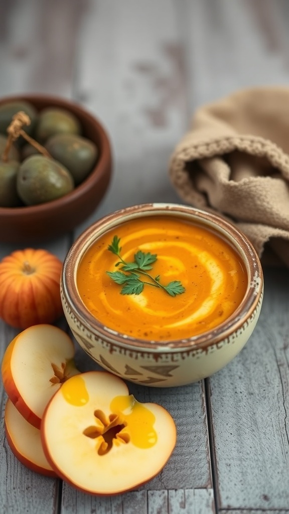 A bowl of spicy butternut squash and apple soup garnished with herbs, surrounded by sliced apples and a small bowl of olives.