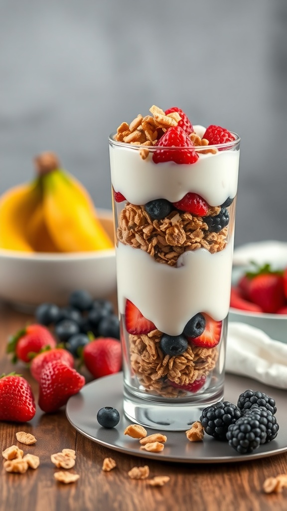 A delicious Greek yogurt parfait with layers of yogurt, granola, and mixed berries in a tall glass.