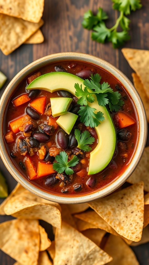 A bowl of sweet potato and black bean chili topped with avocado and cilantro, surrounded by tortilla chips.