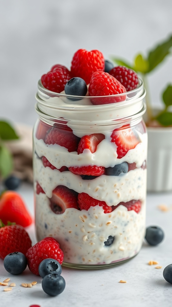 A jar of overnight oats layered with yogurt and topped with fresh strawberries, raspberries, and blueberries.