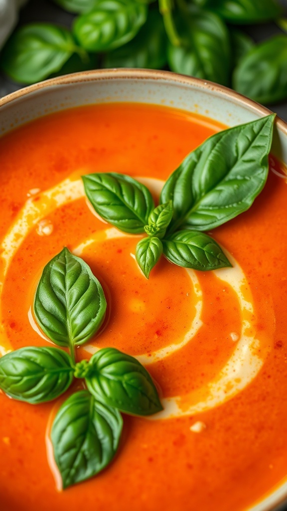 A bowl of roasted tomato basil soup garnished with fresh basil leaves.