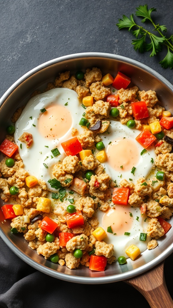 A skillet filled with egg whites and colorful vegetables, including bell peppers, peas, and corn.