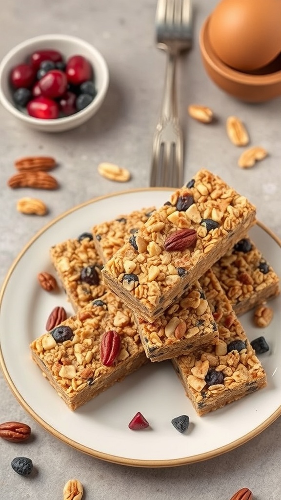 A plate of homemade granola bars topped with nuts and berries, alongside a bowl of mixed berries and eggs.