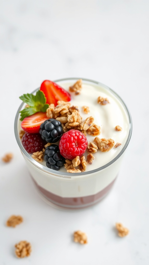 A glass cup filled with yogurt, granola, and fresh berries on top.