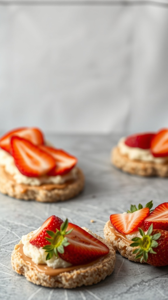 Rice cakes topped with nut butter and fresh strawberries