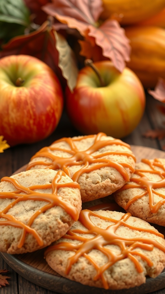 Delicious caramel apple cookies with fresh apples and autumn leaves