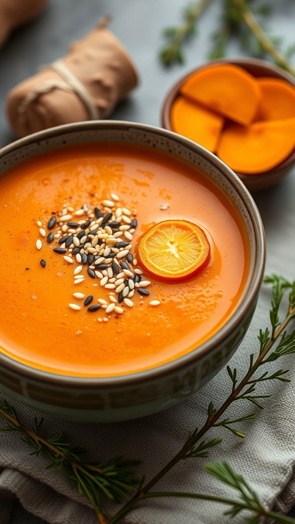 A bowl of spiced carrot and ginger soup garnished with sesame seeds and a slice of citrus.